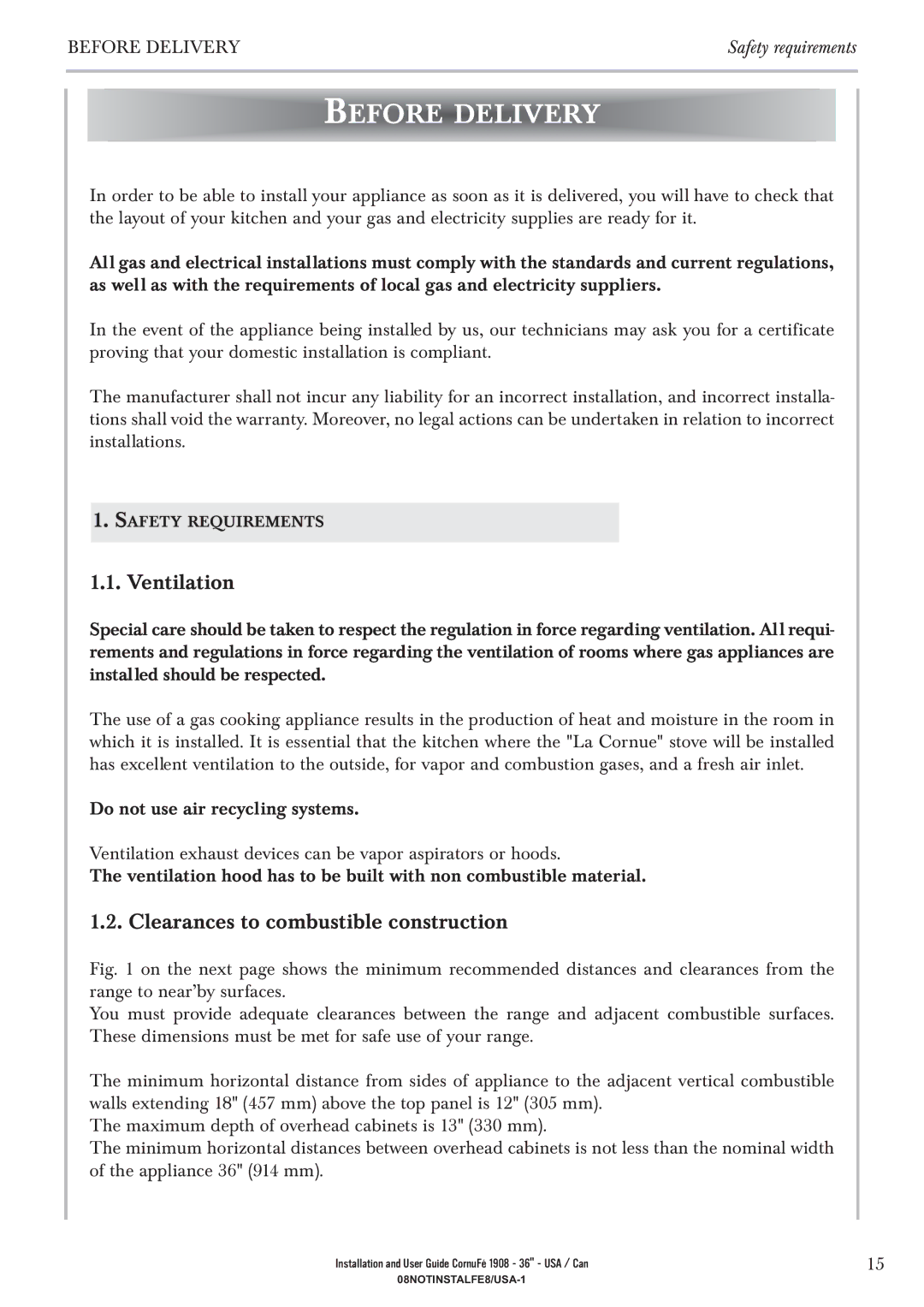 GE 1908 - 36 manual Before Delivery, Ventilation, Clearances to combustible construction 