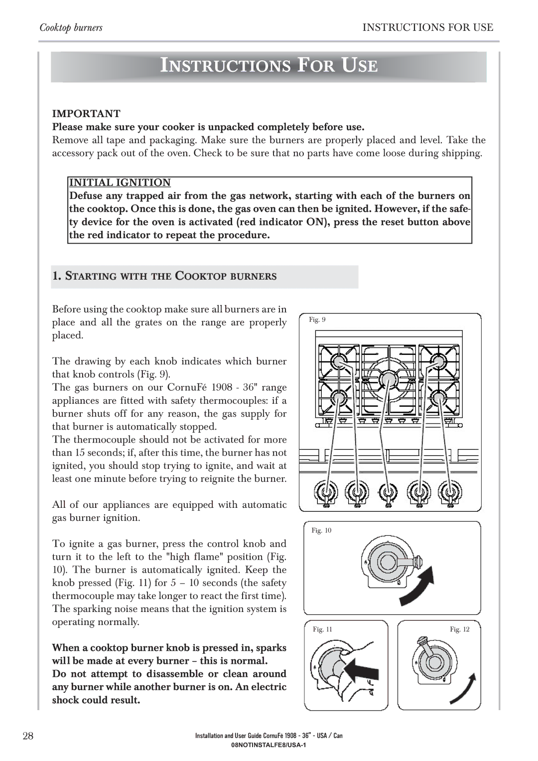 GE 1908 - 36 manual Instructions for USE, Initial Ignition 