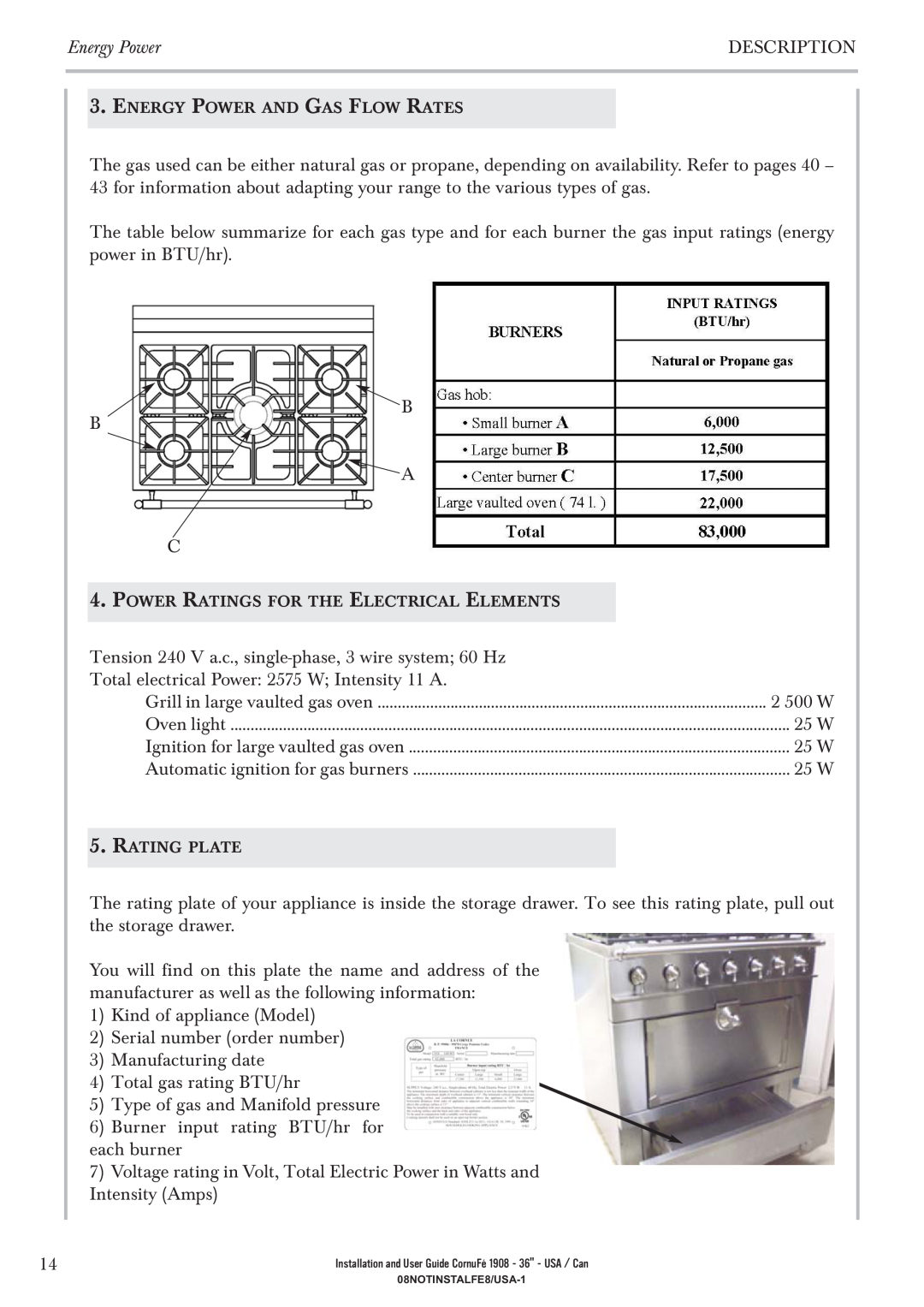 GE 1908 - 36 manual Energy Power And Gas Flow Rates, Power Ratings For The Electrical Elements, Rating Plate, Oven light 