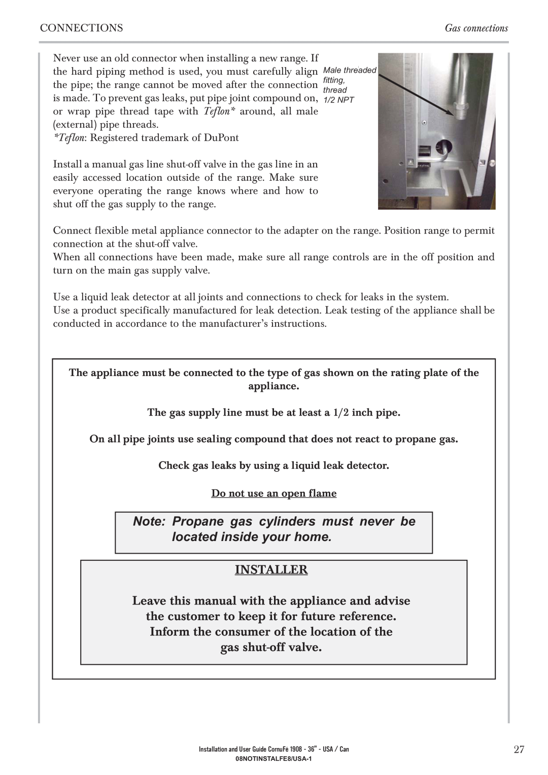 GE 1908 - 36 manual Note Propane gas cylinders must never be located inside your home 