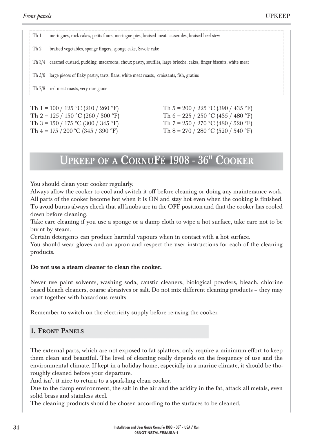 GE manual UPKEEP OF A CORNUFÉ 1908 - 36 COOKER, Front panels, Upkeep 
