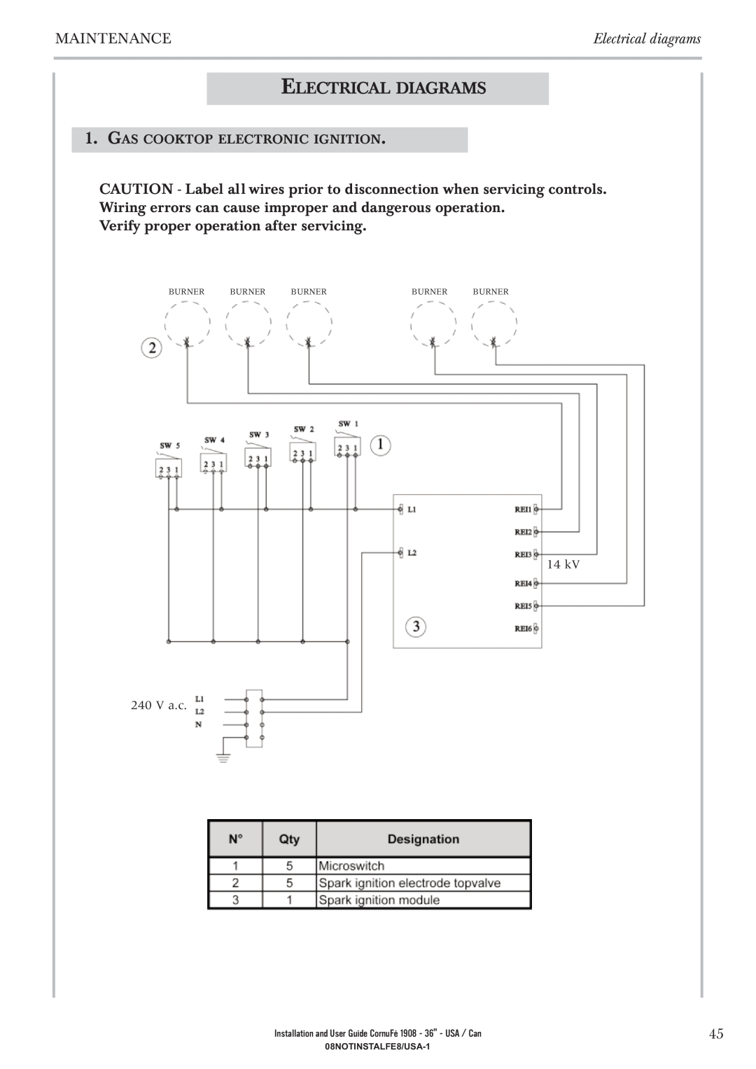 GE 1908 - 36 manual Electrical Diagrams, Electrical diagrams, Gas Cooktop Electronic Ignition, Burner, 08NOTINSTALFE8/USA-1 