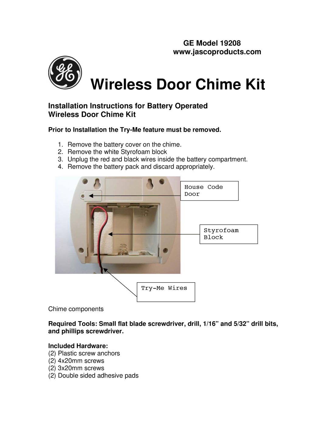 GE 19208 installation instructions Wireless Door Chime Kit 