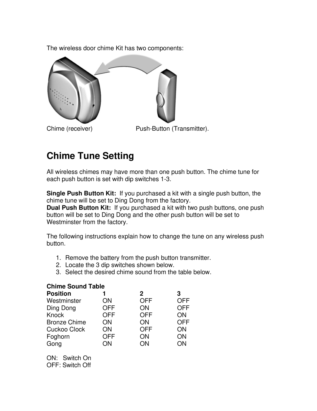 GE 19208 installation instructions Chime Tune Setting, Chime Sound Table Position 