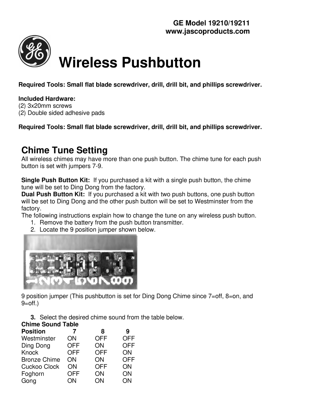 GE 19211, 19210 manual Wireless Pushbutton, Chime Tune Setting 