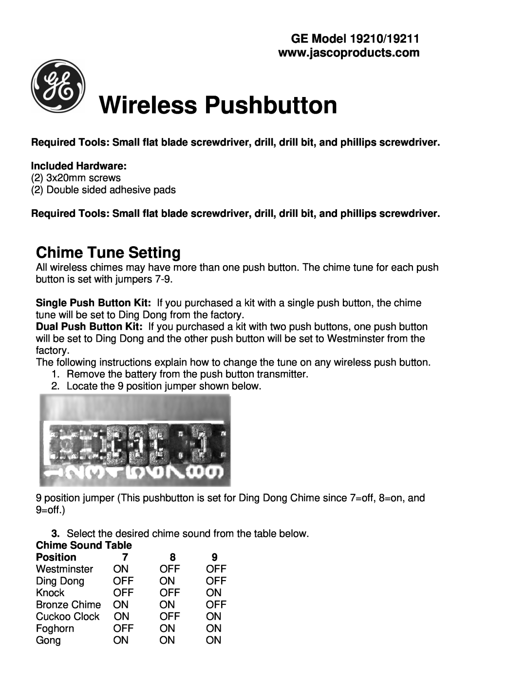 GE 19211, 19210 manual Chime Tune Setting, Included Hardware, Chime Sound Table Position 7 8, Wireless Pushbutton 