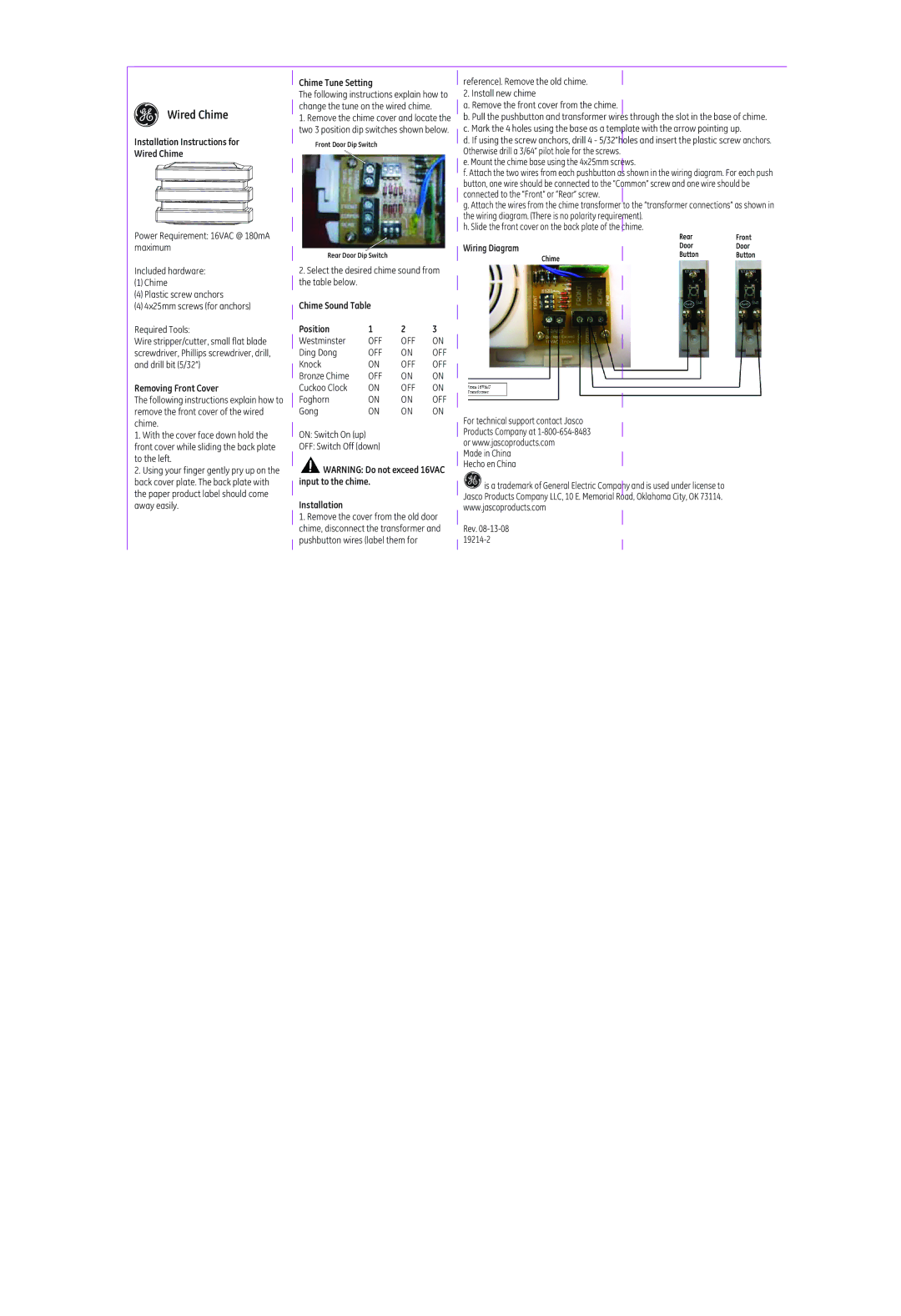 GE 19214 installation instructions Wired Chime 