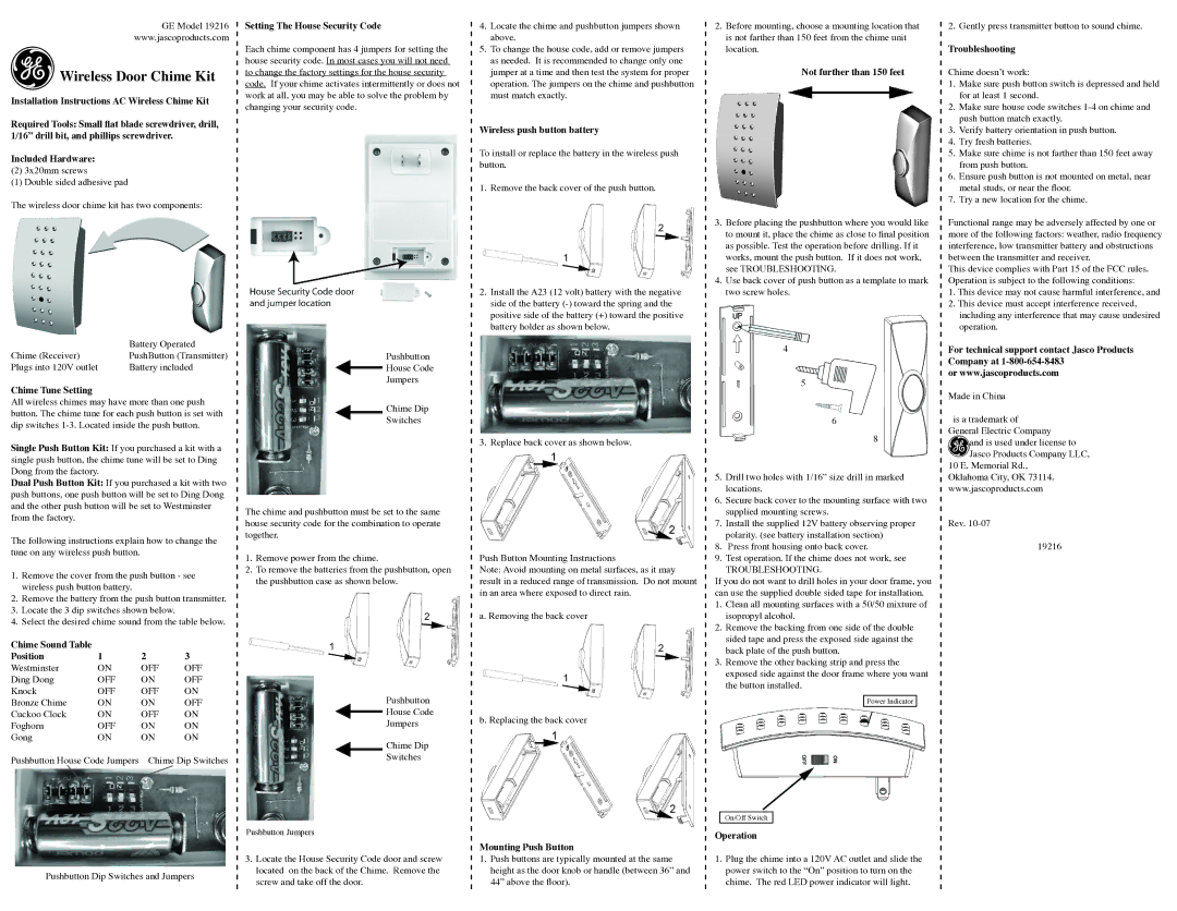 GE 19216 installation instructions Installation Instructions AC Wireless Chime Kit, Included Hardware, Chime Tune Setting 