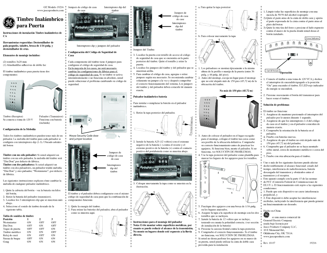 GE 19216 Elementos de montaje incluidos, Configuración del Código de Seguridad de Casa, Pulsador inalámbrico batería 