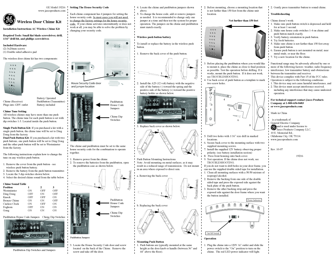 GE 19216 installation instructions Wireless Door Chime Kit 