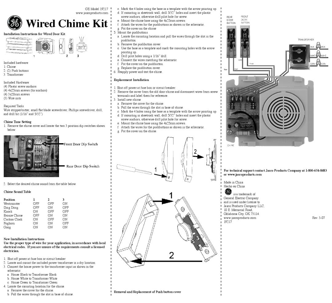 GE 19217 installation instructions Wired Chime Kit 