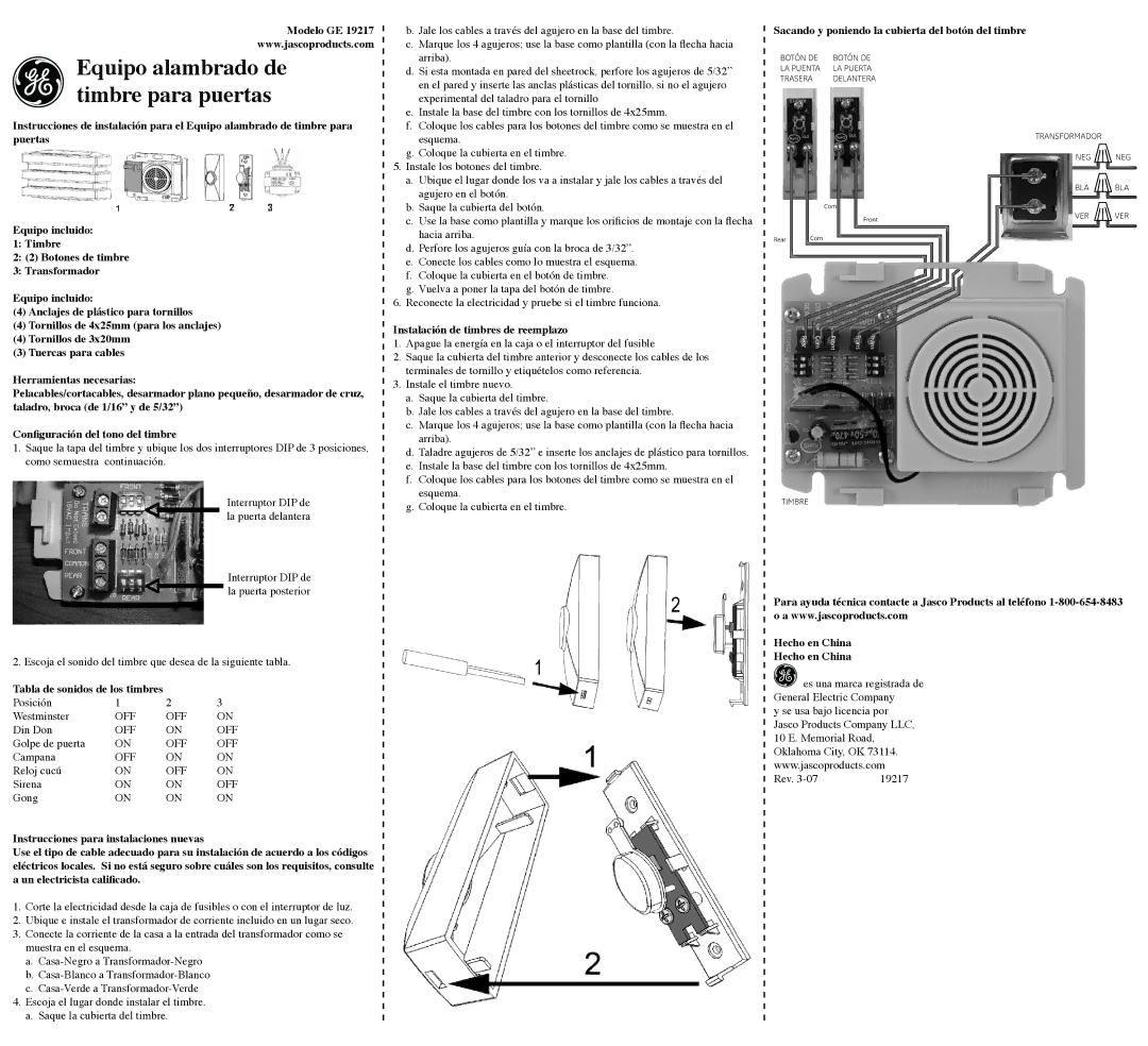 GE 19217 installation instructions Equipo alambrado de timbre para puertas, Modelo GE, Instalación de timbres de reemplazo 