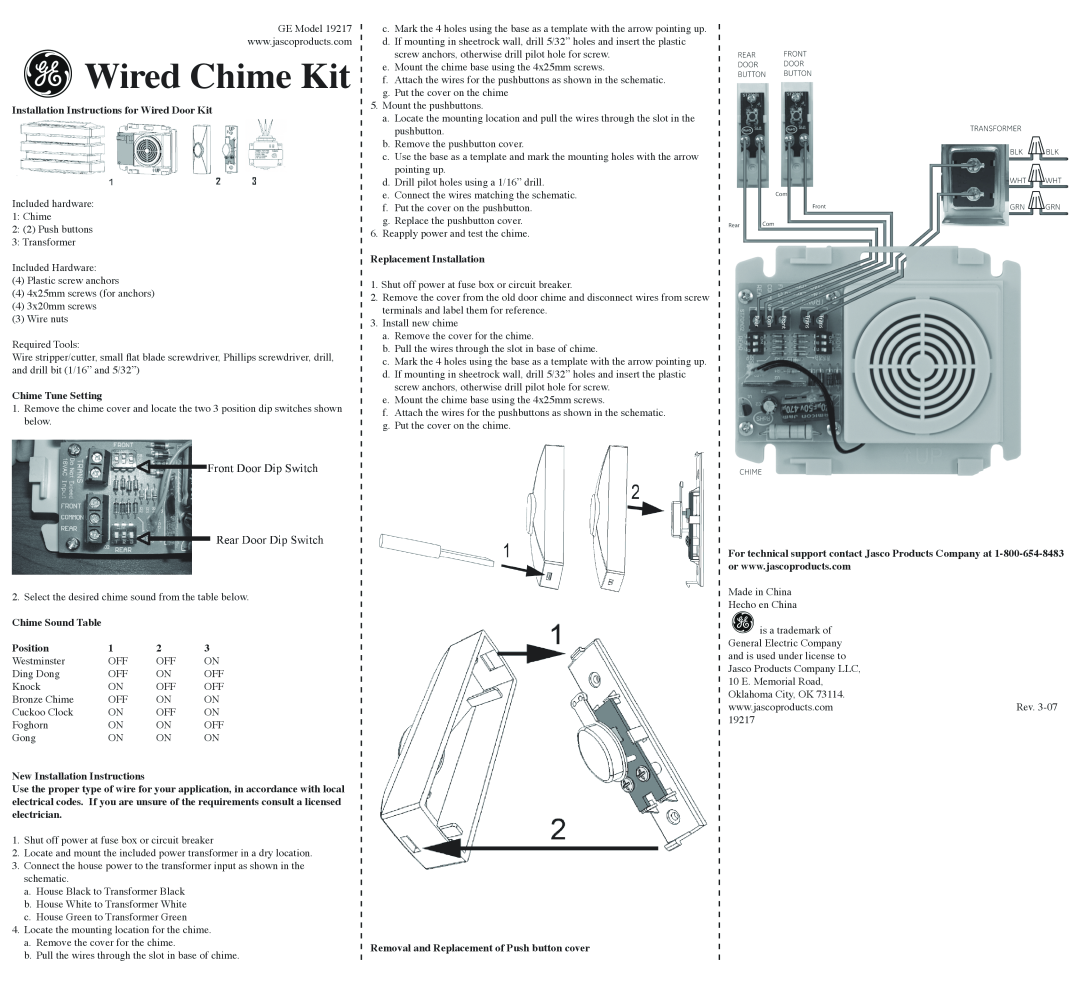 GE 19217 installation instructions Wired Chime Kit, Installation Instructions for Wired Door Kit, Chime Tune Setting 