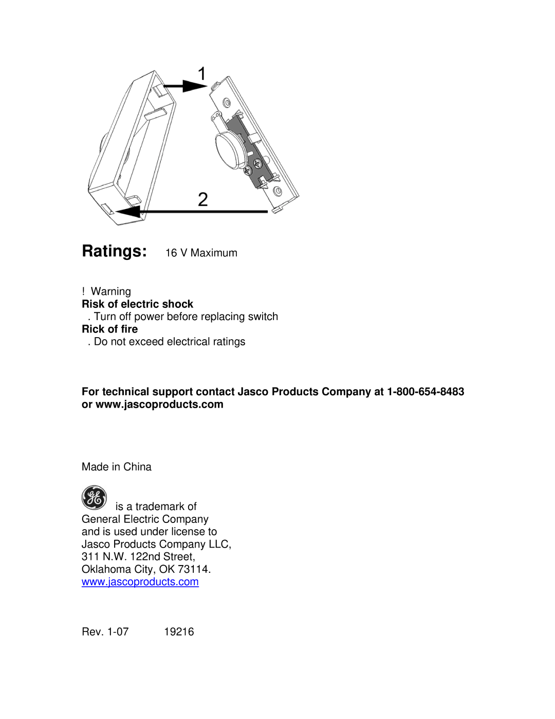 GE 19218, 19204 manual Risk of electric shock 