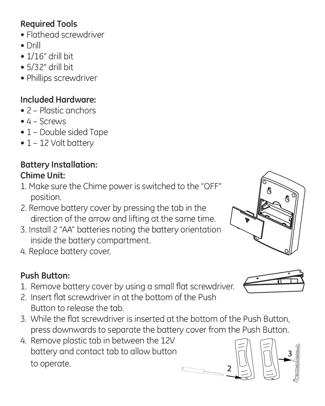 GE 19230 user manual Required Tools, Included Hardware, Battery Installation Chime Unit, Push Button 