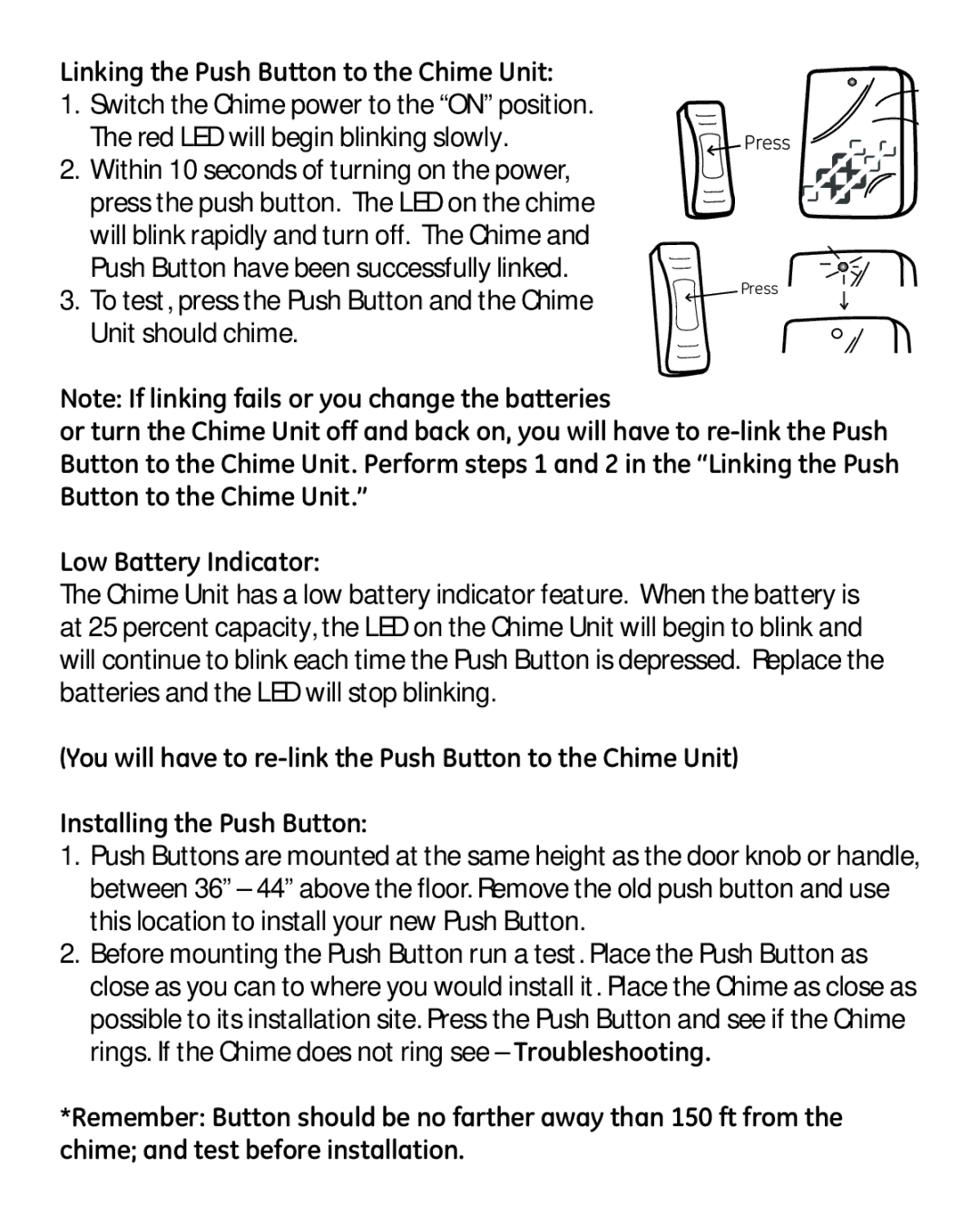 GE 19230 user manual Linking the Push Button to the Chime Unit, Low Battery Indicator 