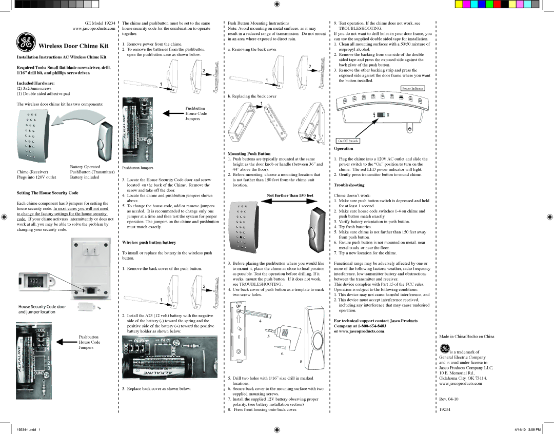 GE 19234 installation instructions Installation Instructions AC Wireless Chime Kit, Included Hardware, Operation 