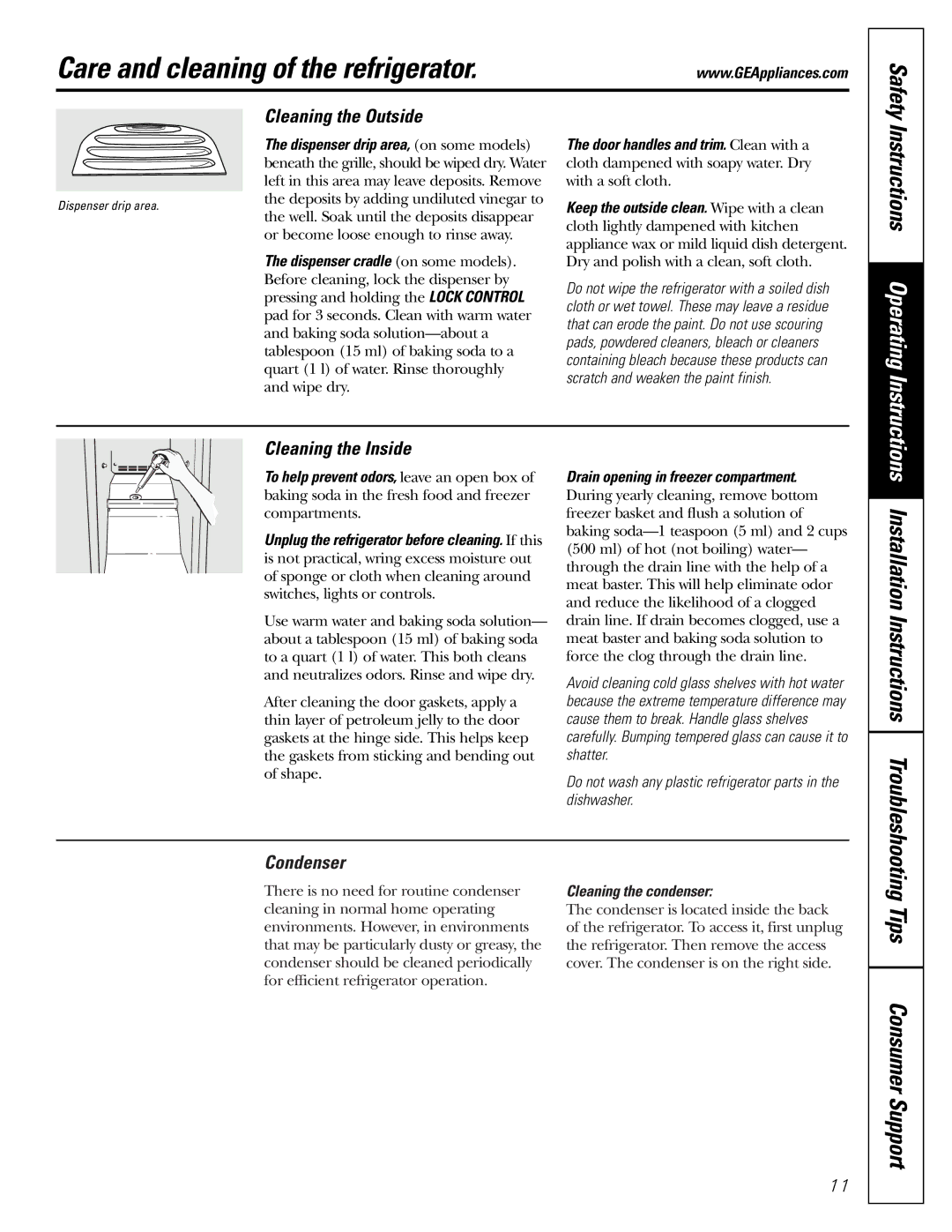 GE 197D3351P003 Care and cleaning of the refrigerator, Tips Consumer Support, Cleaning the Outside, Cleaning the Inside 