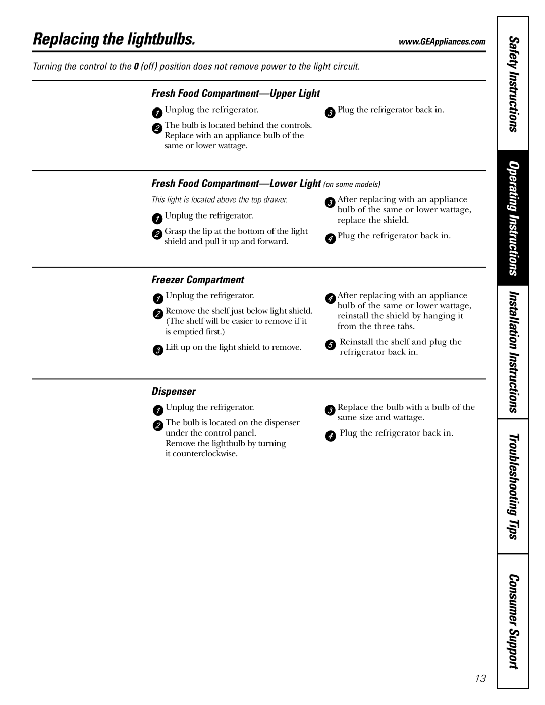 GE 197D3351P003 installation instructions Replacing the lightbulbs, Troubleshooting Tips Consumer Support 