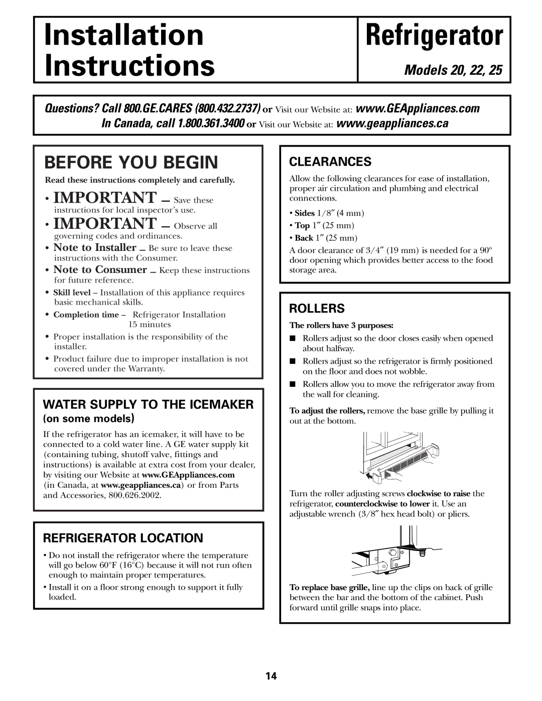 GE 197D3351P003 installation instructions Refrigerator Location, Clearances, Rollers 