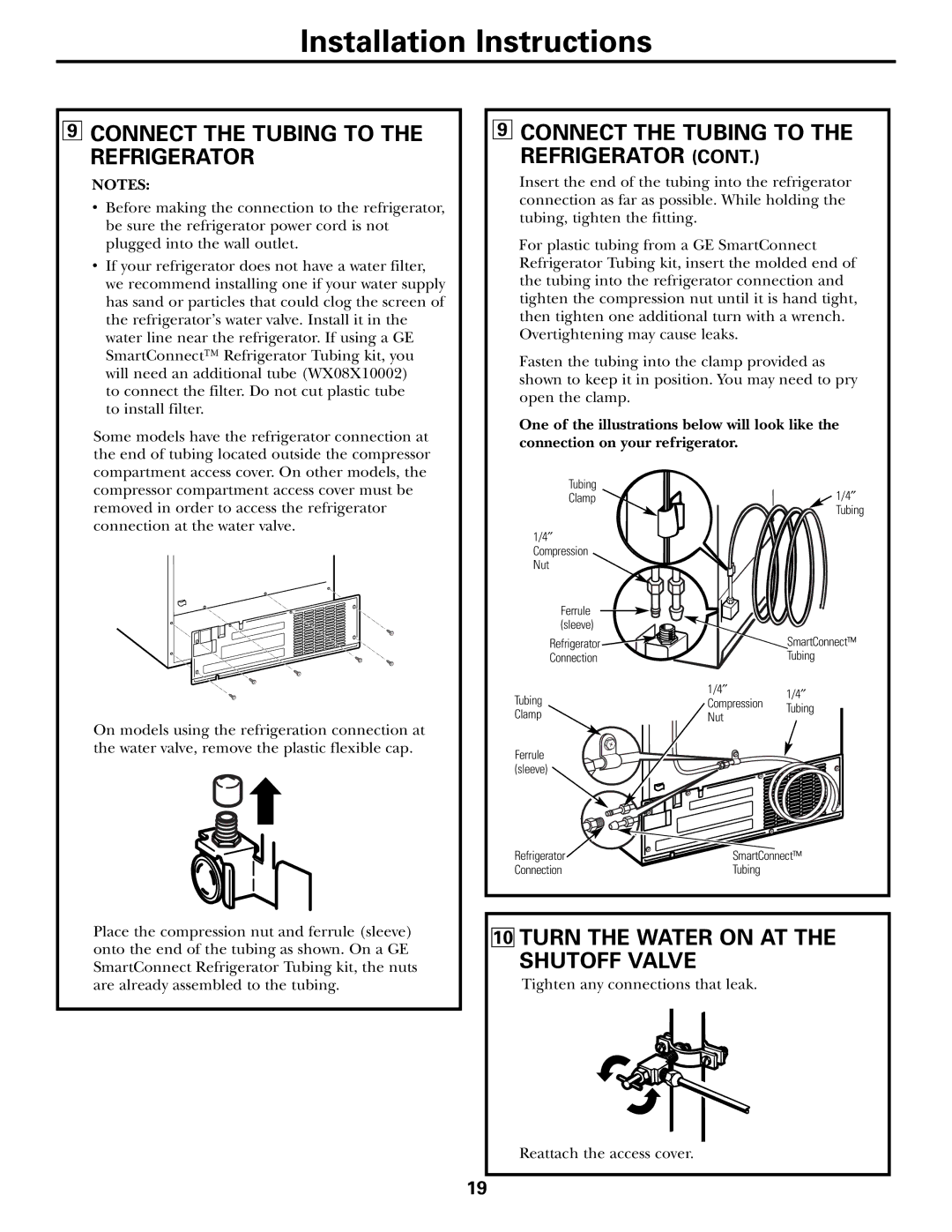 GE 197D3351P003 installation instructions Connect the Tubing to the Refrigerator, Turn the Water on AT the Shutoff Valve 