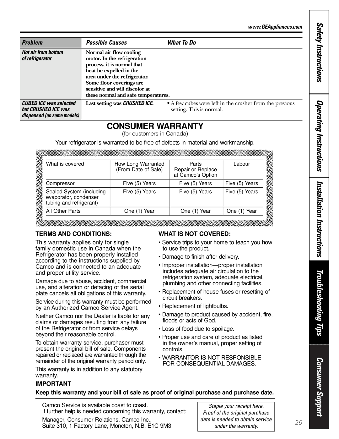 GE 197D3351P003 installation instructions Hot air from bottom, Refrigerator, But Crushed ICE was, Staple your receipt here 