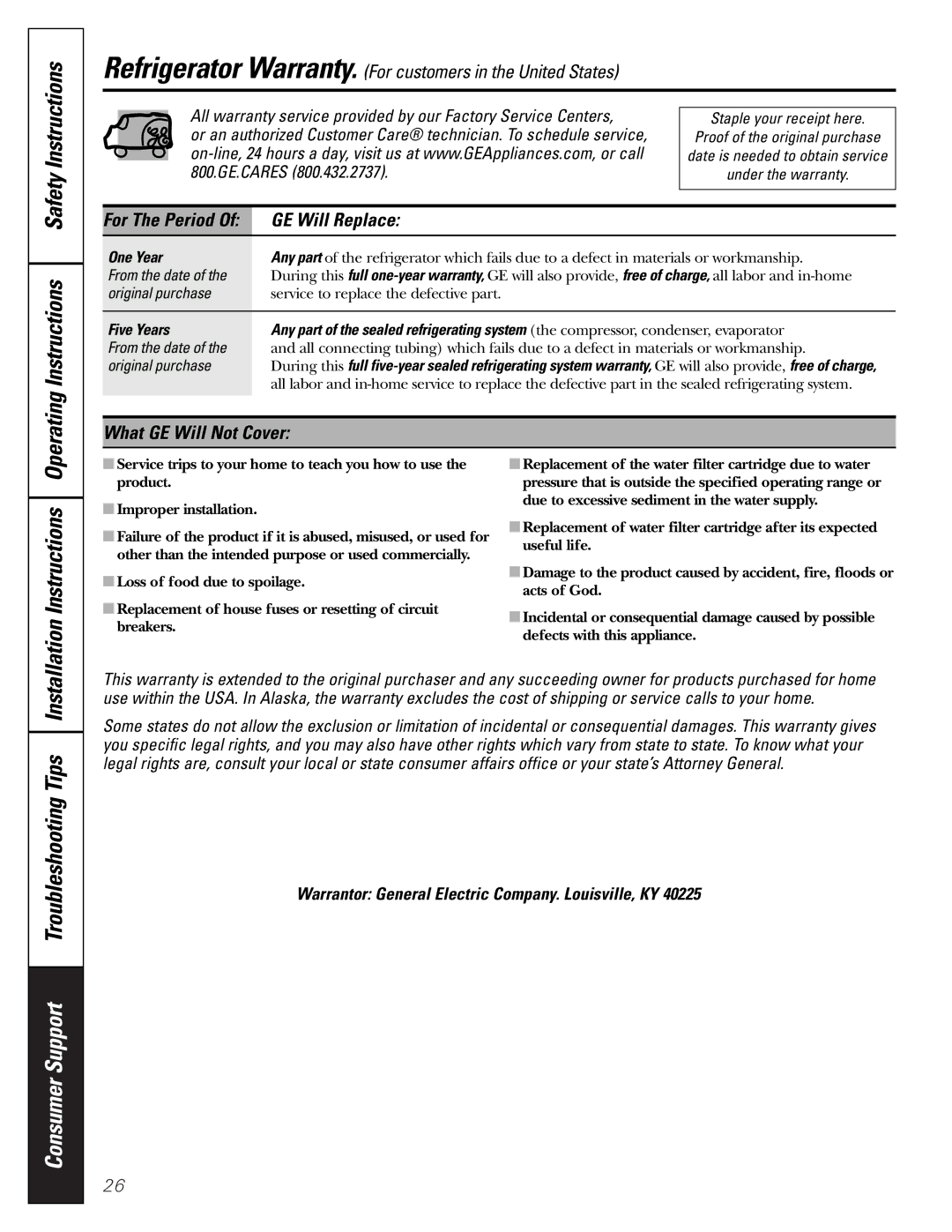 GE 197D3351P003 Consumer Support Troubleshooting Tips, GE Will Replace, What GE Will Not Cover, One Year 