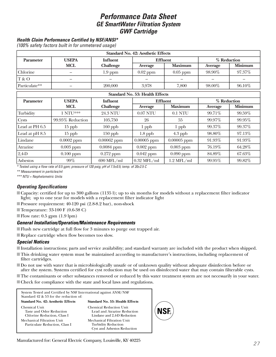 GE 197D3351P003 Health Claim Performance Certified by NSF/ANSI, Operating Specifications, Special Notices 