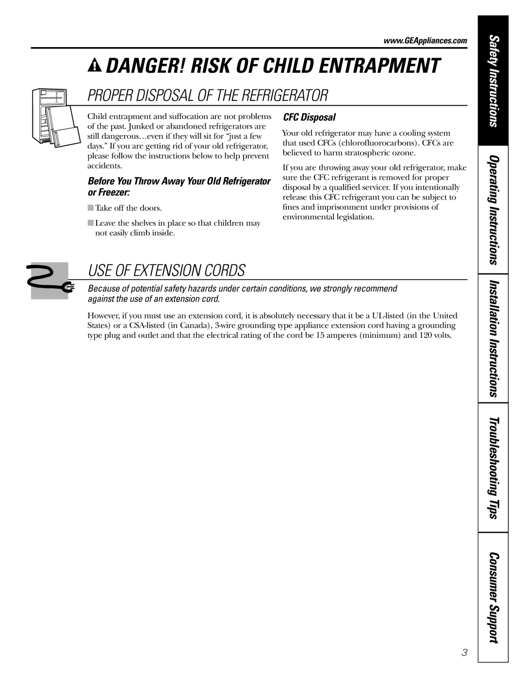 GE 197D3351P003 Proper Disposal of the Refrigerator, USE of Extension Cords, CFC Disposal, Operating Instructions 