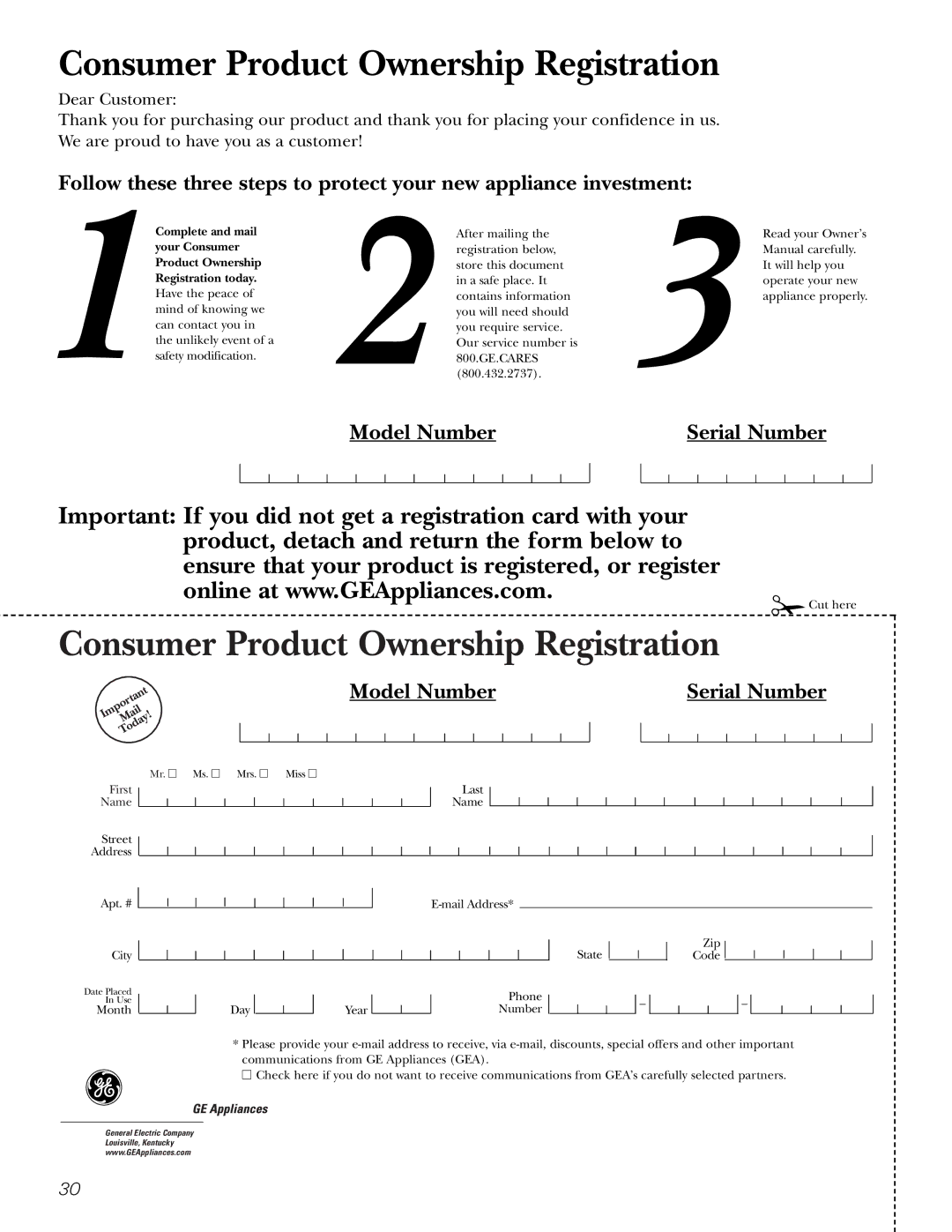 GE 197D3351P003 installation instructions Consumer Product Ownership Registration 