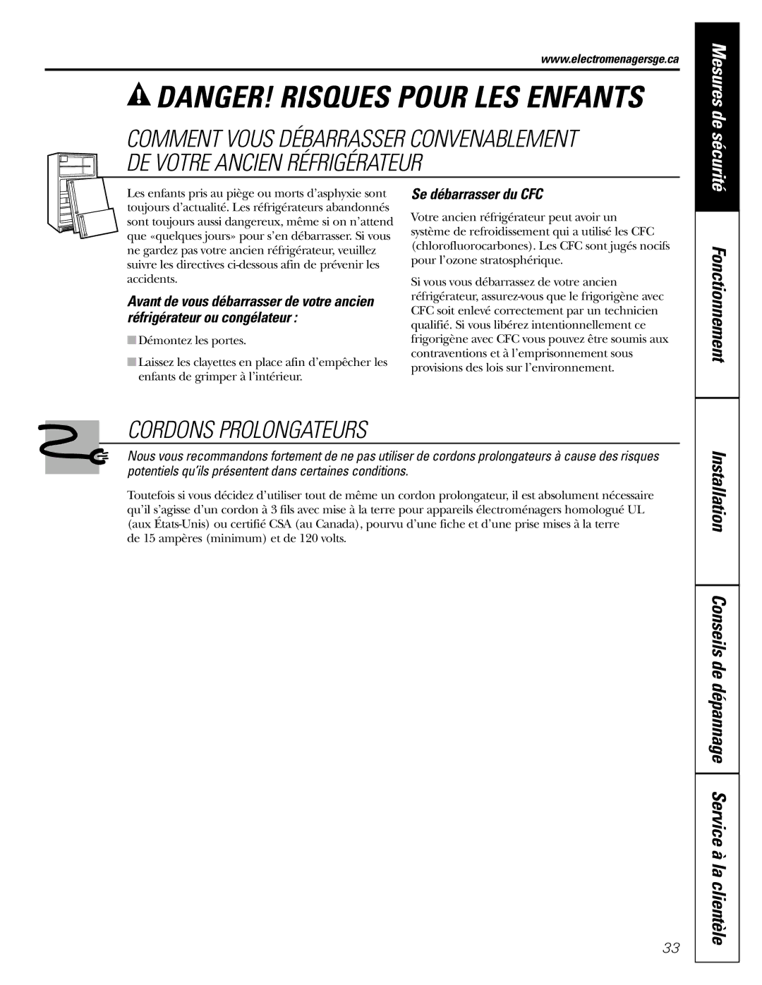 GE 197D3351P003 installation instructions Cordons Prolongateurs, Se débarrasser du CFC 