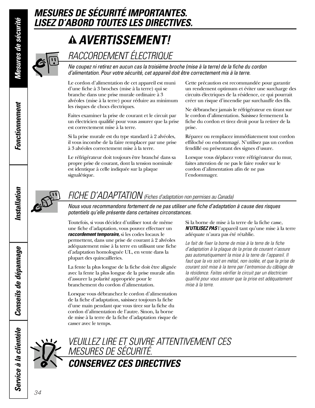 GE 197D3351P003 installation instructions Raccordement Électrique, Conseils de dépannage 