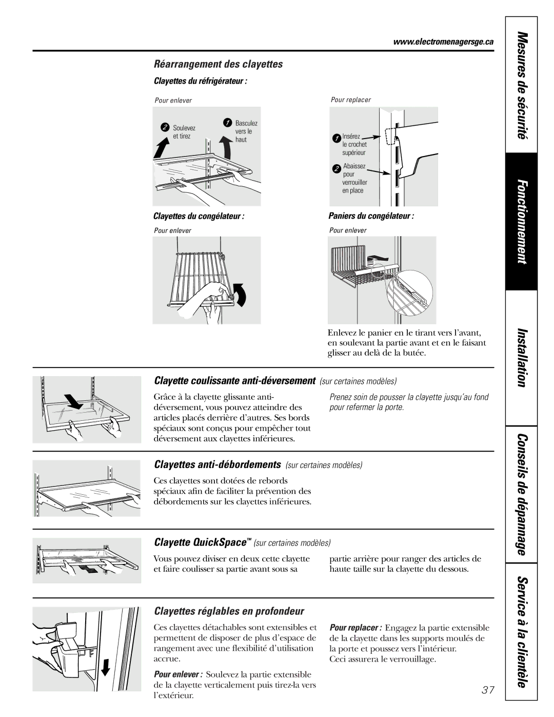 GE 197D3351P003 La clientèle, Réarrangement des clayettes, Clayette coulissante anti-déversement sur certaines modèles 