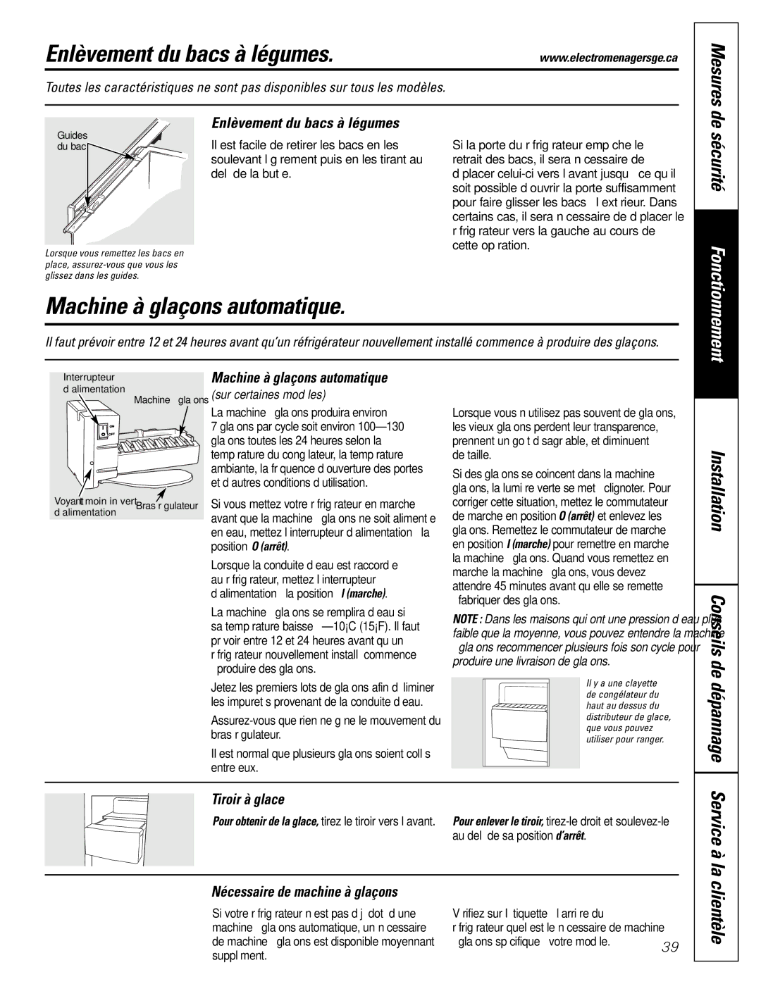 GE 197D3351P003 installation instructions Enlèvement du bacs à légumes, Machine à glaçons automatique, Mesures, De sécurité 