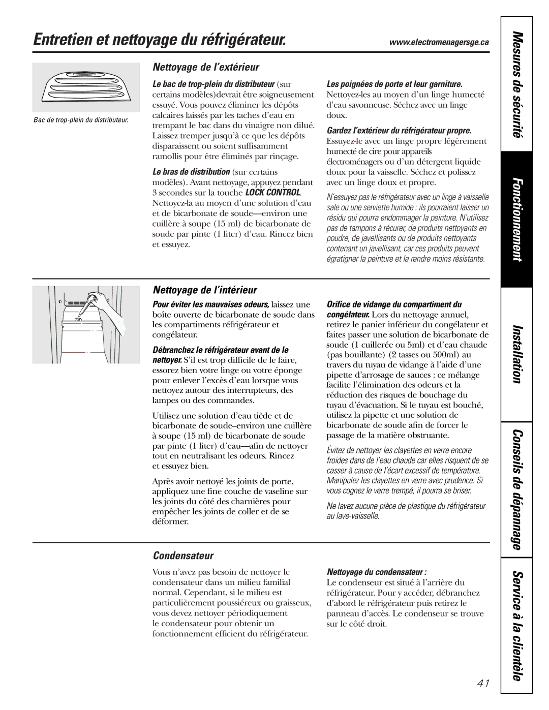 GE 197D3351P003 Entretien et nettoyage du réfrigérateur, Nettoyage de l’extérieur, Nettoyage de l’intérieur, Condensateur 