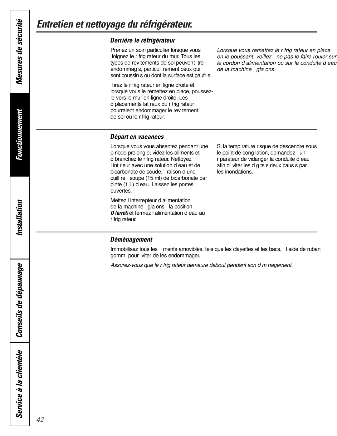 GE 197D3351P003 Installation Service à la clientèle Conseils de dépannage, Derrière le réfrigérateur, Départ en vacances 