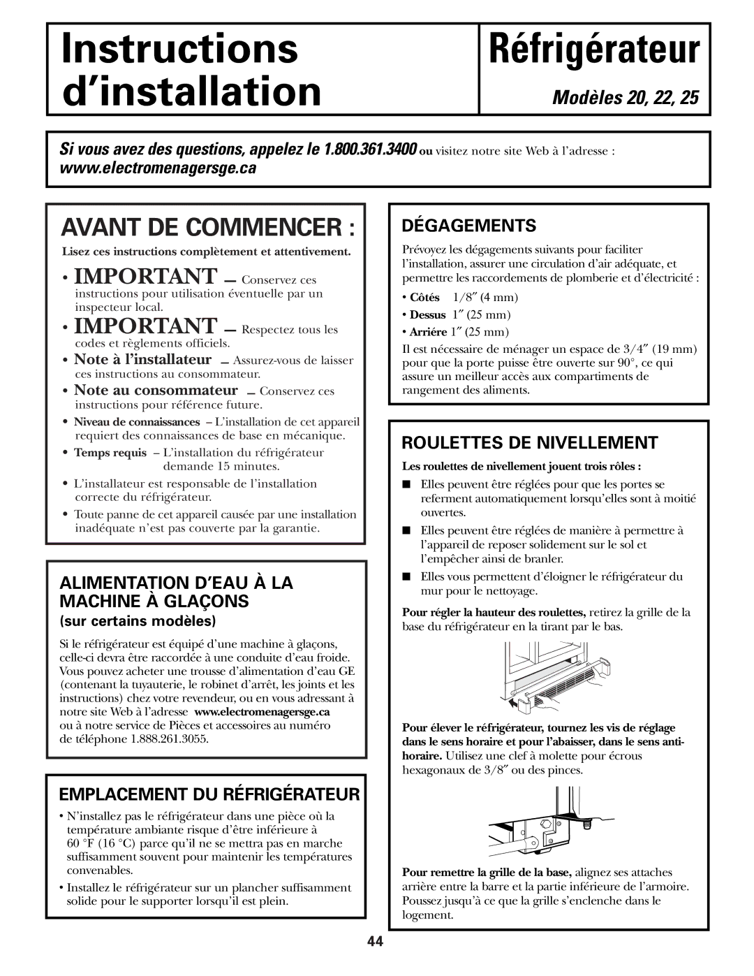 GE 197D3351P003 Alimentation D’EAU À LA Machine À Glaçons, Emplacement DU Réfrigérateur, Dégagements 