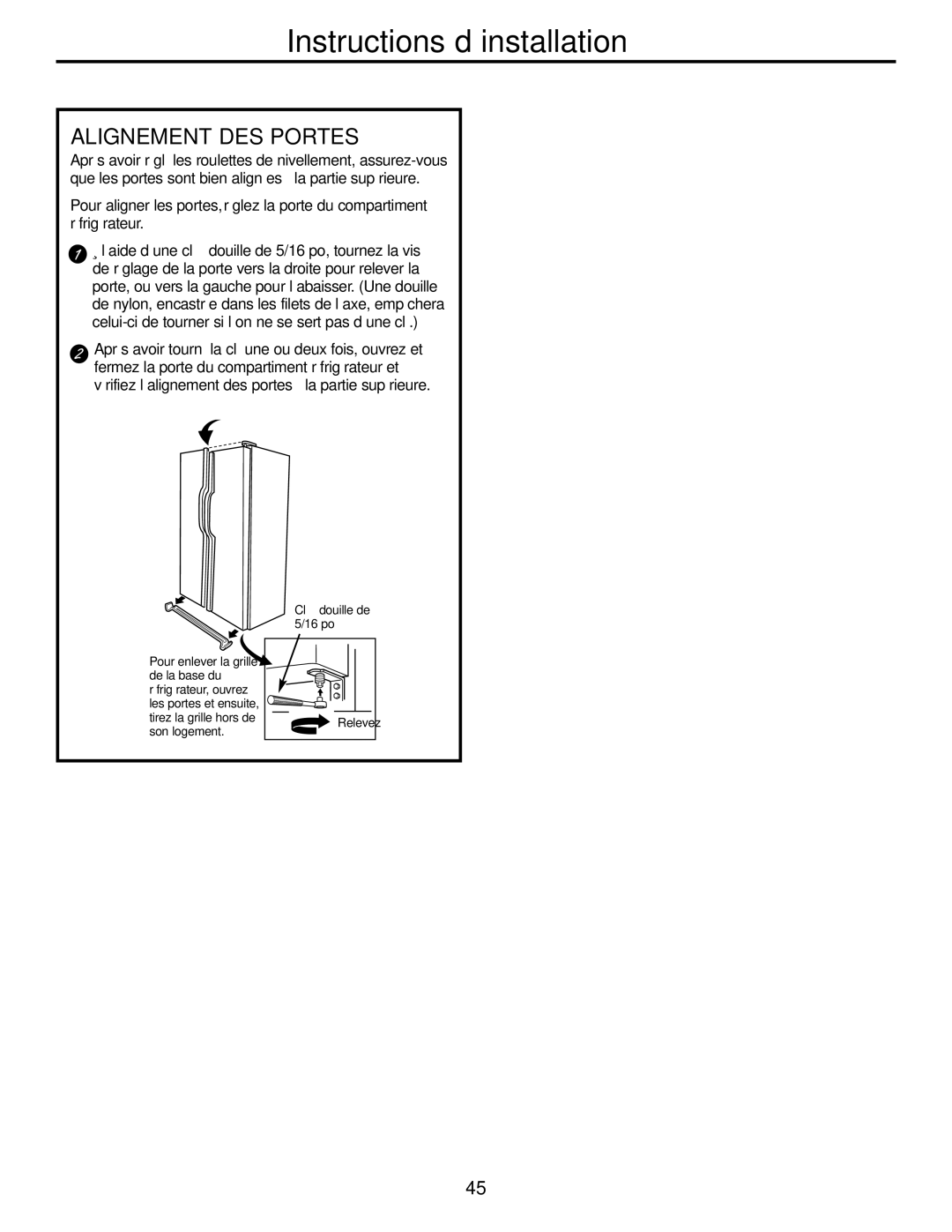 GE 197D3351P003 installation instructions Instructions d’installation, Alignement DES Portes 