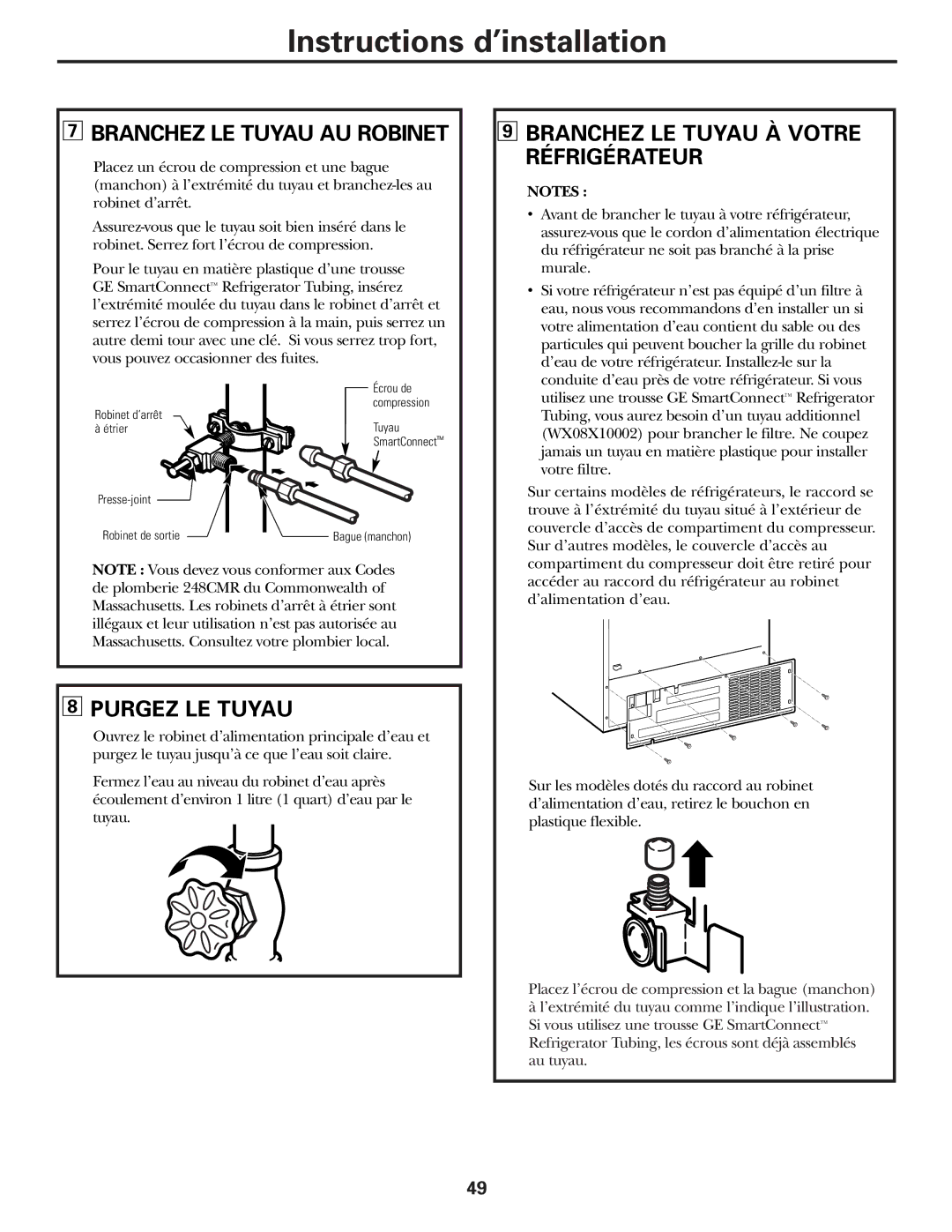 GE 197D3351P003 Branchez LE Tuyau AU Robinet, Purgez LE Tuyau, Branchez LE Tuyau À Votre Réfrigérateur 