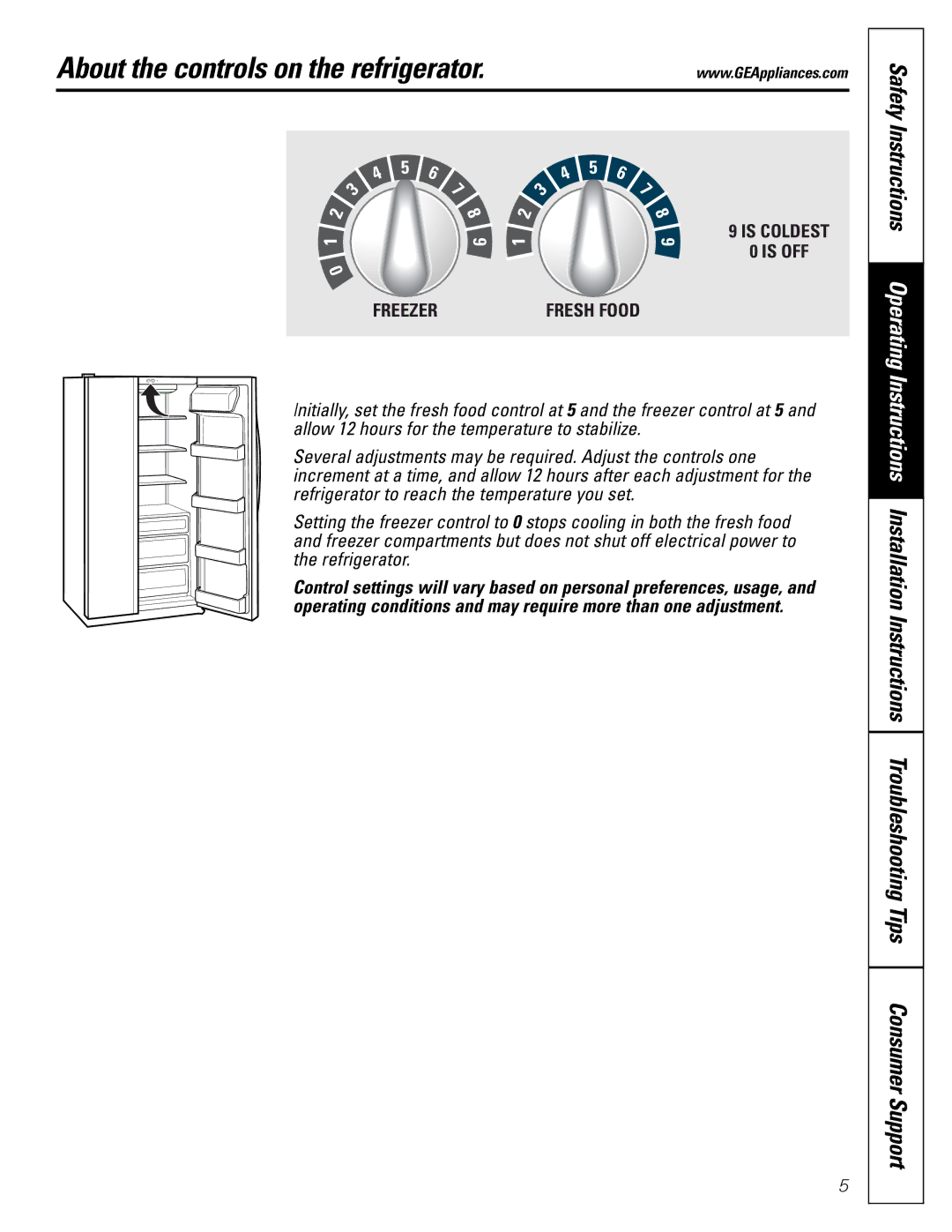 GE 197D3351P003 installation instructions About the controls on the refrigerator, Freezer 