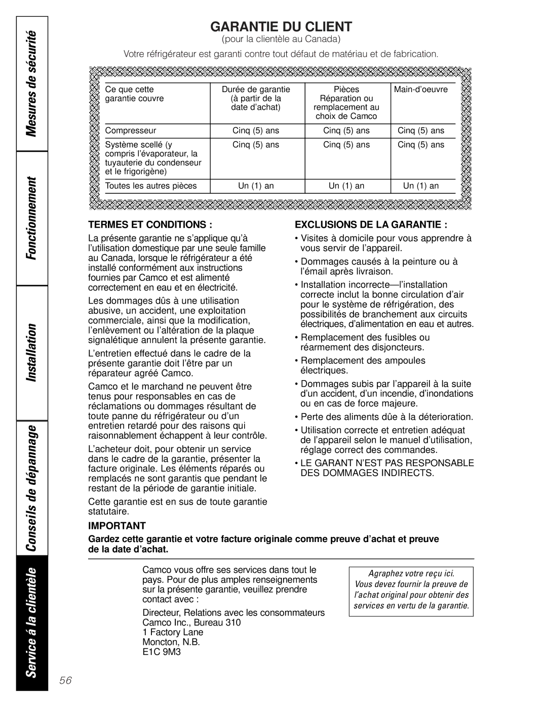 GE 197D3351P003 installation instructions Fonctionnement, Agraphez votre reçu ici 