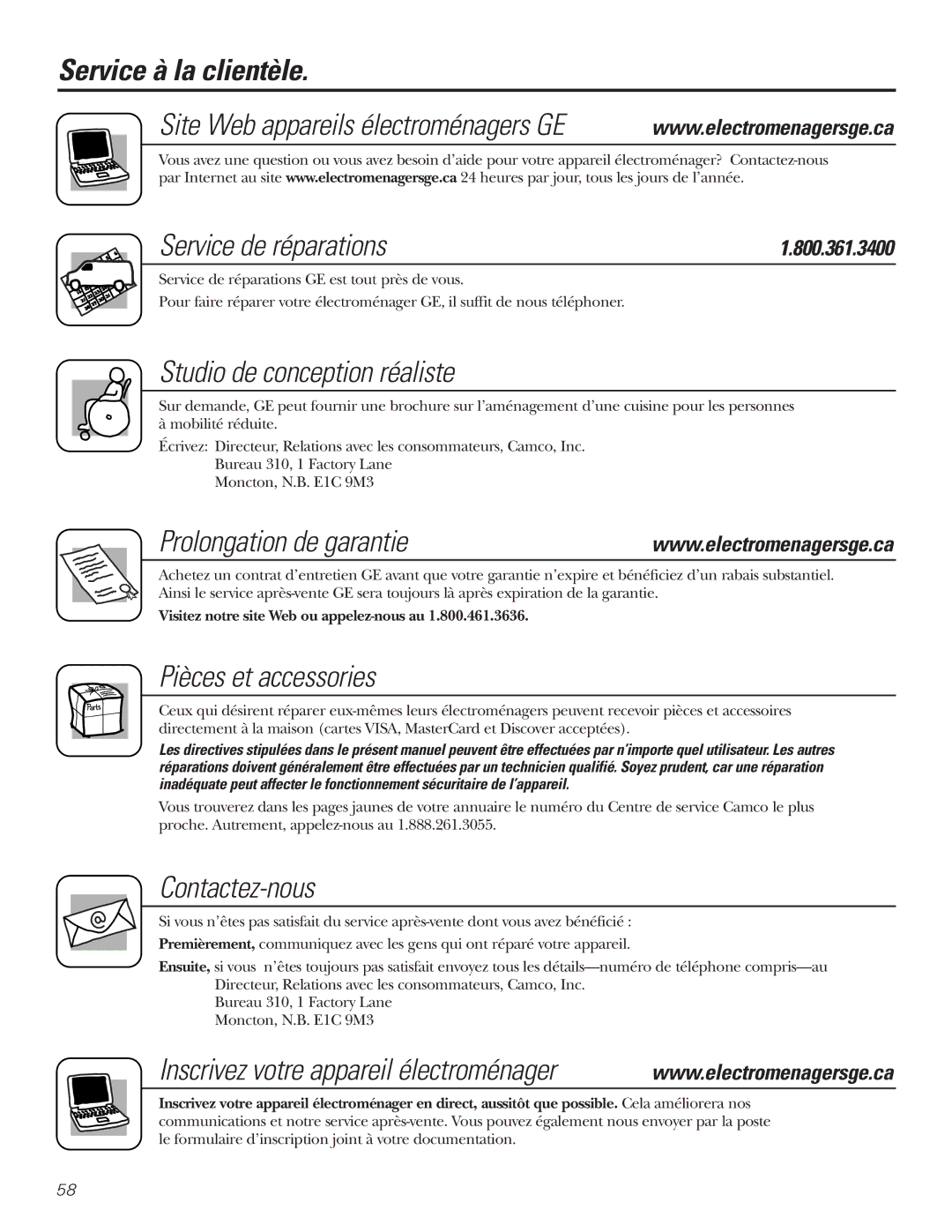 GE 197D3351P003 installation instructions Service à la clientèle, Service de réparations, Prolongation de garantie 