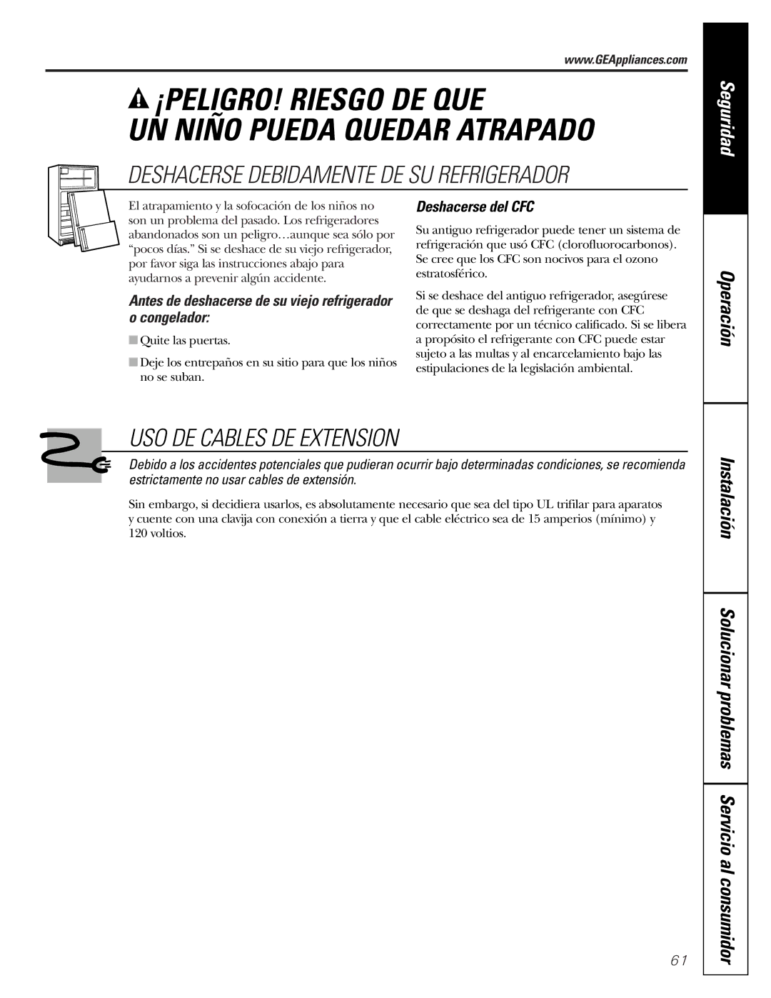 GE 197D3351P003 USO DE Cables DE Extension, Antes de deshacerse de su viejo refrigerador o congelador, Deshacerse del CFC 