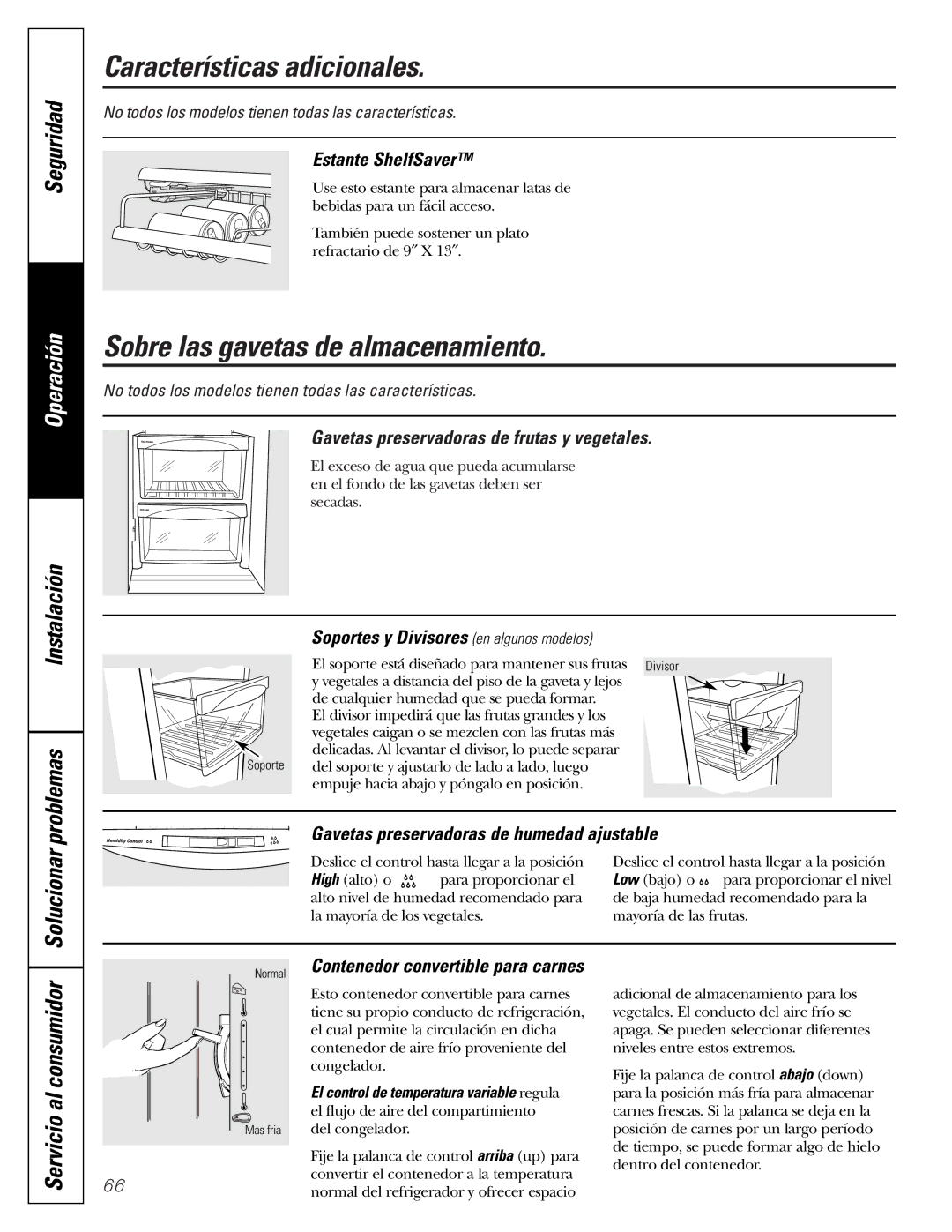 GE 197D3351P003 installation instructions Características adicionales, Sobre las gavetas de almacenamiento 