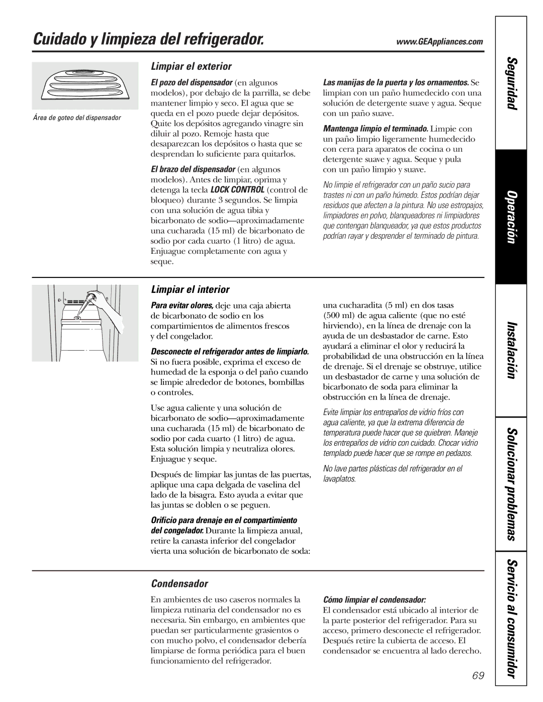 GE 197D3351P003 Cuidado y limpieza del refrigerador, Limpiar el exterior, Limpiar el interior, Condensador 