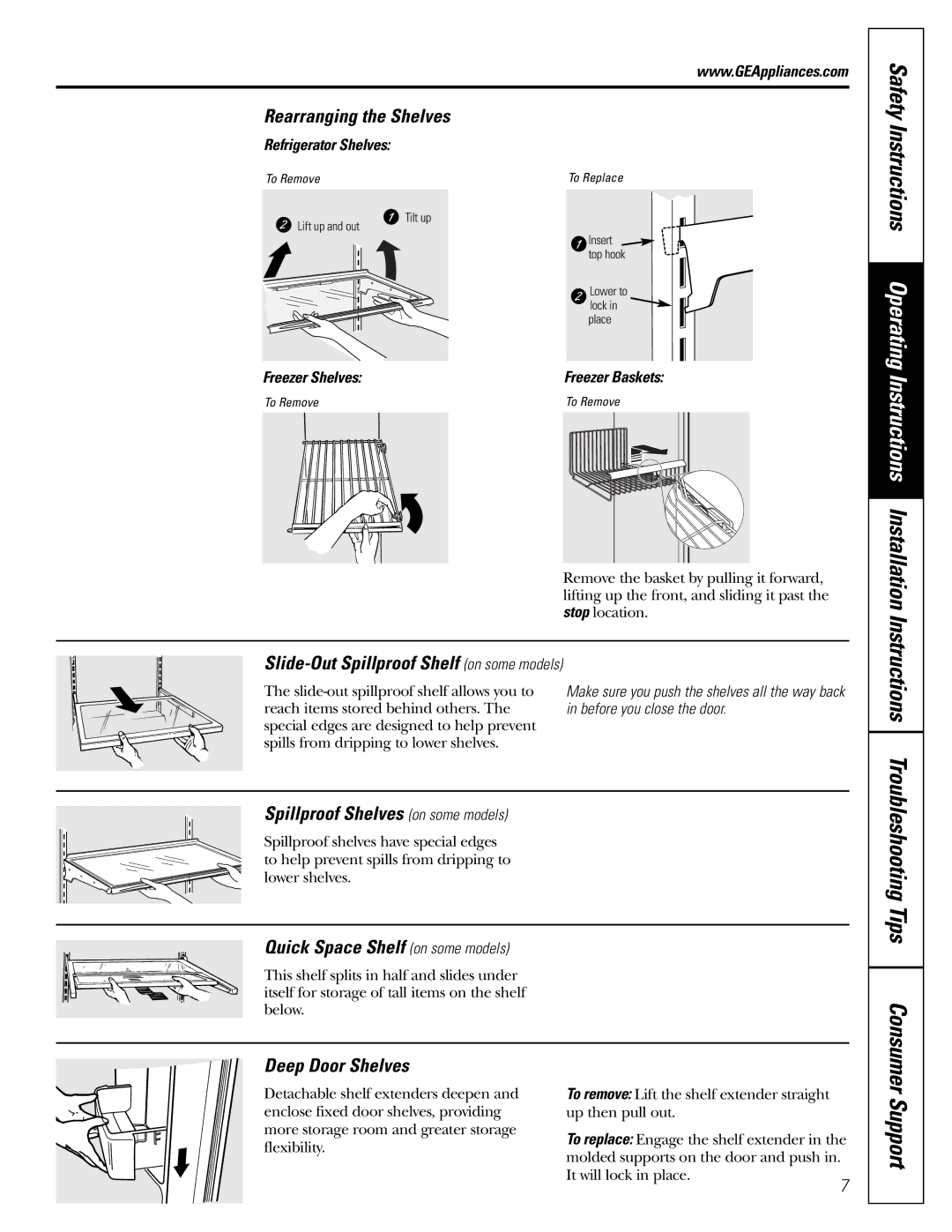 GE 197D3351P003 Support, Rearranging the Shelves, Spillproof Shelves on some models, Quick Space Shelf on some models 