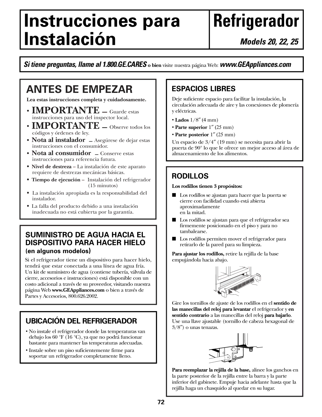 GE 197D3351P003 installation instructions Ubicación DEL Refrigerador, Espacios Libres, Rodillos 