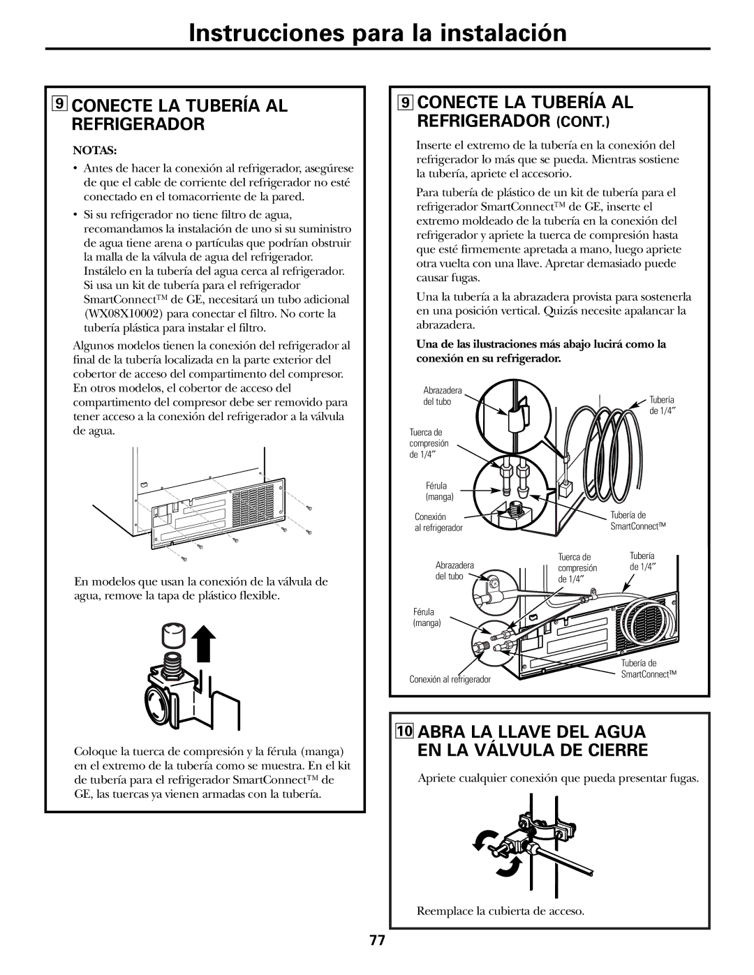 GE 197D3351P003 installation instructions Conecte LA Tubería AL Refrigerador, Notas 