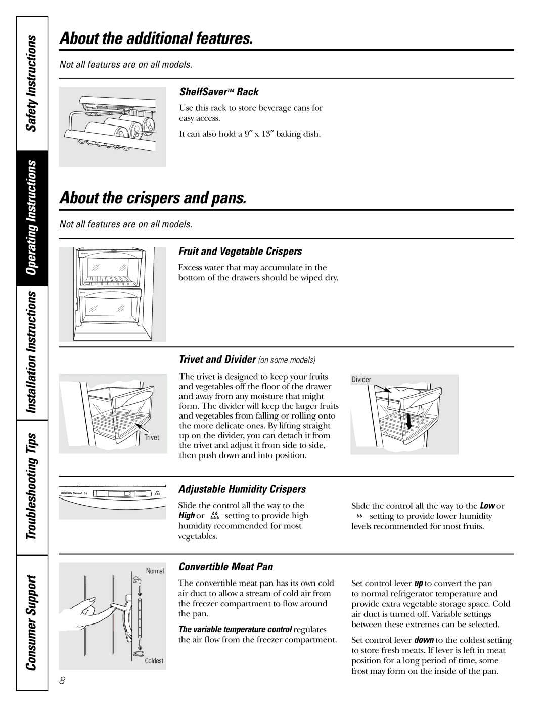 GE 197D3351P003 installation instructions About the additional features, About the crispers and pans 