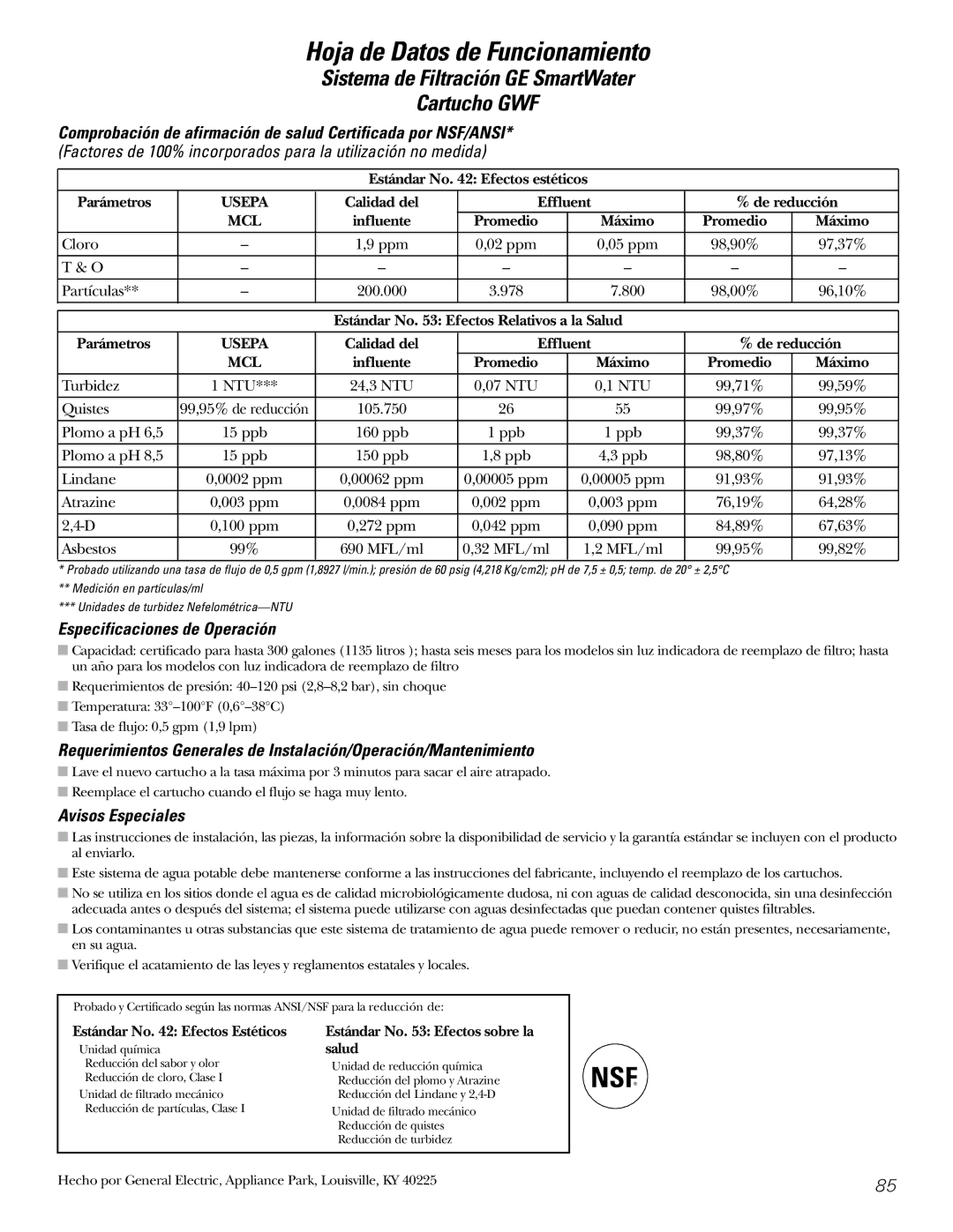 GE 197D3351P003 installation instructions Especificaciones de Operación, Avisos Especiales 